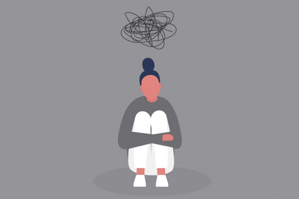 Cartoon image of a woman, isolated, despondent, and presumably depressed, with a cloud of anxiety above her.